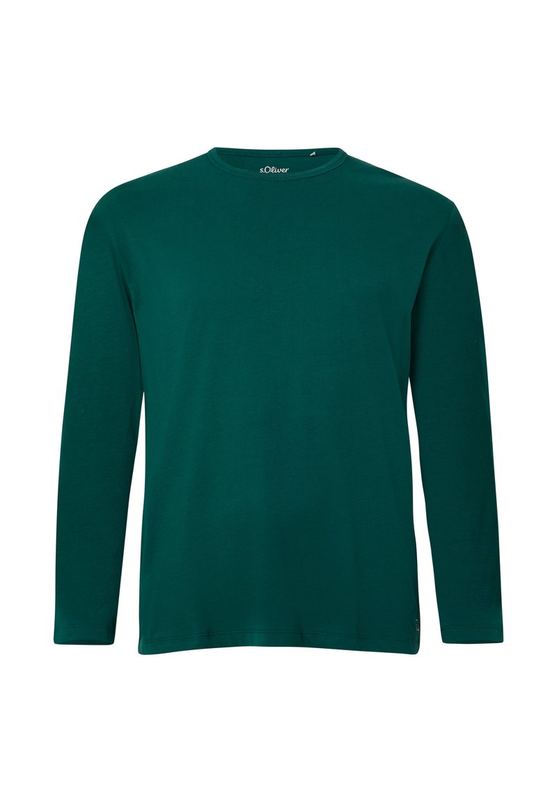 Langarmige teal shirt van zachte stof, met een ronde hals en een rechte snit. Effen textuur zonder zichtbare patronen of accenten.
