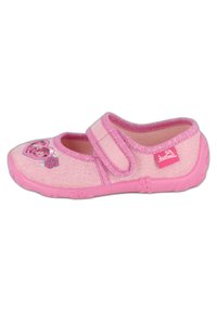 Rosa Kinderschuhe aus weichem Stoff, mit funkelndem Finish, Blumendesigns und einem Klettverschluss für sicheren Halt.
