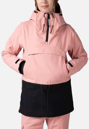 Rosa wasserfeste Anorakjacke mit einem schwarzen unteren Abschnitt, ausgestattet mit einer verstellbaren Kapuze, Fronttasche und elastischen Bündchen. Glatte Textur.