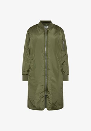 Khakifarbene Bomberjacke mit Reißverschluss, gerippten Bündchen und Seitentaschen. Verfügt über eine Reißverschlusstasche am linken Arm und eine glatte, glänzende Oberfläche.