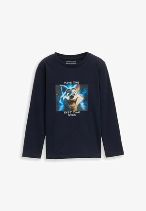 Langarm-Navy-T-Shirt aus Baumwolle mit einem bunten Grafik eines lächelnden Cartoon-Fuchses und dem Text "HAB DIE BESTE ZEIT ÜBERHAUPT."