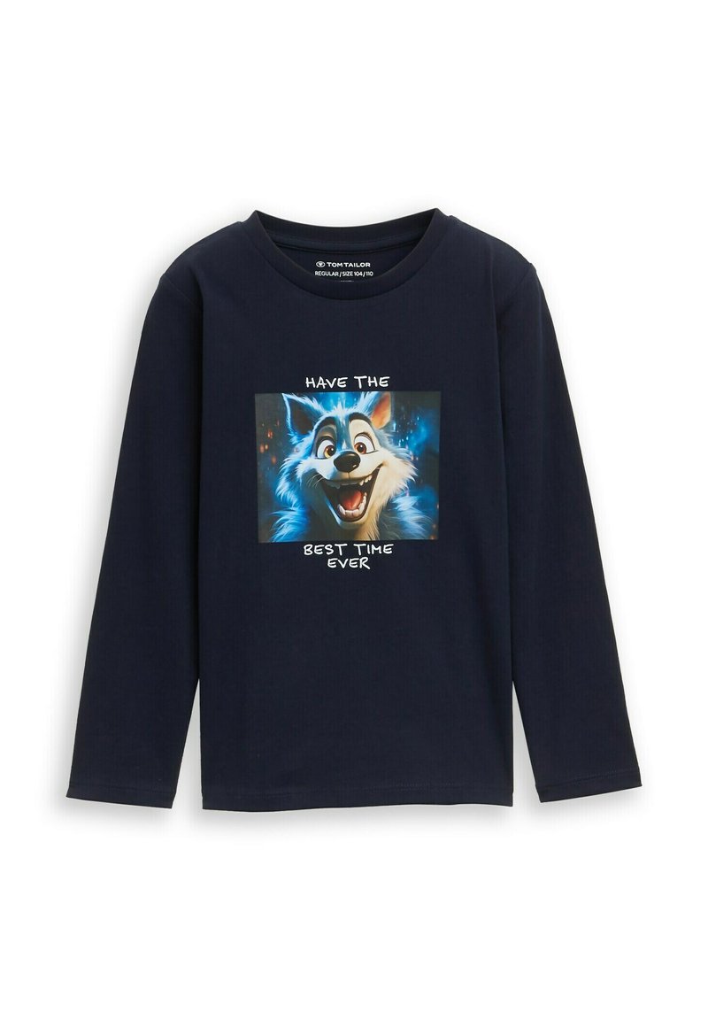 Granatowa koszulka z długim rękawem wykonana z bawełny, z kolorową grafiką uśmiechającego się kartonowego lisa i napisem "MIEJ NAJLEPSZY CZAS W ŻYCIU".