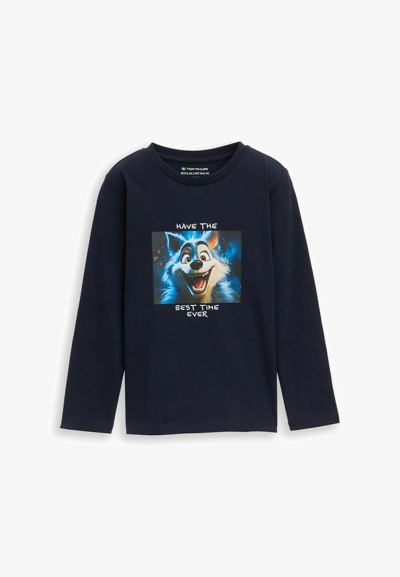 Granatowa koszulka z długim rękawem wykonana z bawełny, z kolorową grafiką uśmiechającego się kartonowego lisa i napisem "MIEJ NAJLEPSZY CZAS W ŻYCIU".