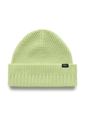 Beanie a coste in verde chiaro con risvolto e piccolo logo Vans nero sul lato.