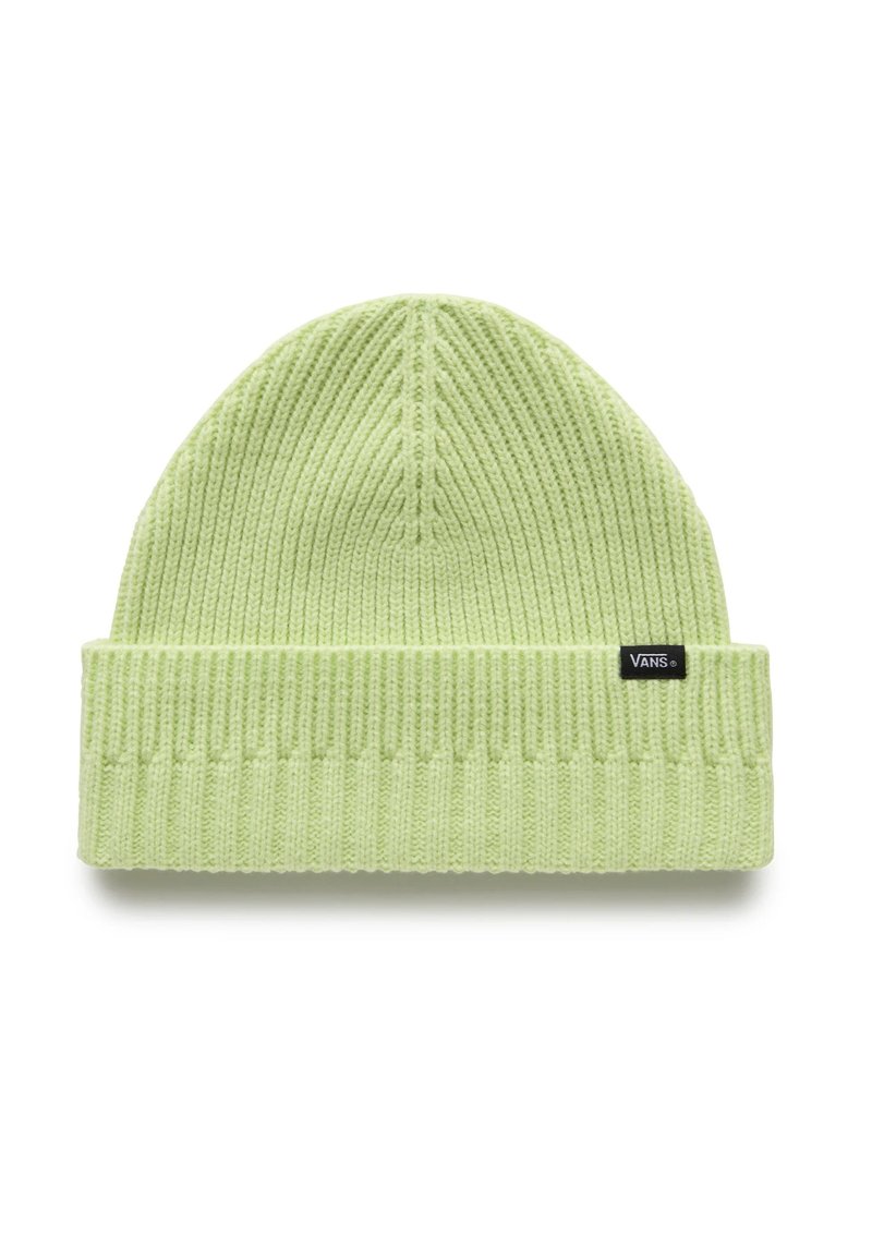 Beanie a coste in verde chiaro con risvolto e piccolo logo Vans nero sul lato.