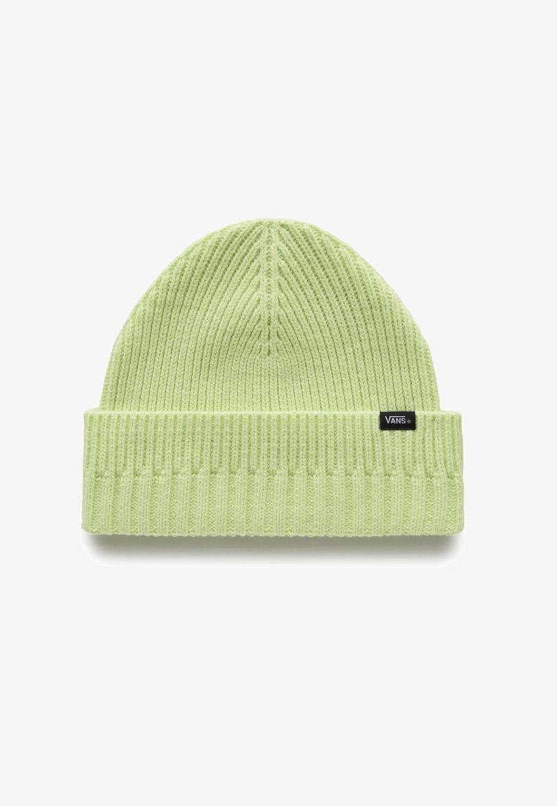 Beanie a coste in verde chiaro con risvolto e piccolo logo Vans nero sul lato.