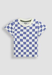 T-shirt med korte ærmer, der har et blåt og hvidt ternet mønster, rund halsudskæring og trykknapper på den ene skulder.