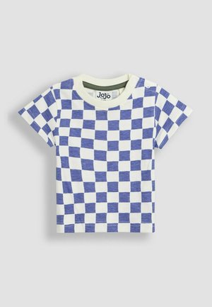 Majica s kratkimi rokavi z modro-belo karirasto vzorcem, okroglim izrezom in sklopkami na enem ramu.