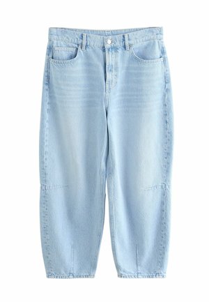 Lichtblauwe denim jeans met een relaxte pasvorm. Voorzien van vijf zakken, een rits en contrasterende stiksels. Gladde textuur met een licht vervaagde afwerking.