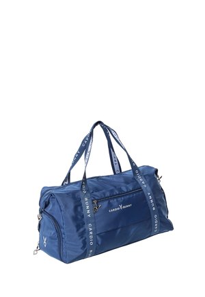 Geantă de sală dreptunghiulară albastru închis, cu două mânere, buzunar frontal cu fermoar, compartimente laterale și sigla "Cardio Bunny" cu iconiță iepure pe partea din față.