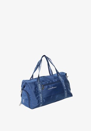 Tmavomodrá obdĺžniková športová taška s dvoma rukoväťami, predným zipsovým vreckom, bočnými priehradkami a logom "Cardio Bunny" s ikonkou zajačika na prednej strane.