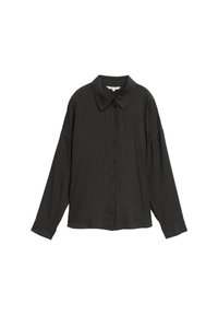 Black long-sleeve shirt, made of lightweight fabric, featuring a collared neckline, front button closure, and relaxed fit.