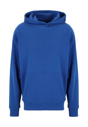 Sudadera con capucha azul que cuenta con un bolsillo tipo canguro, puños y dobladillo acanalados, elaborada con una suave mezcla de algodón. Textura lisa con un corte relajado.