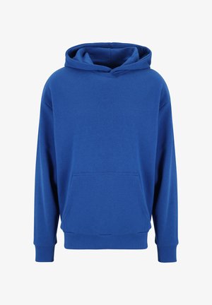 Blue hooded sweatshirt featuring a kangaroo pocket, ribbed cuffs, and hem, made from soft cotton blend fabric. Smooth texture with a relaxed fit.