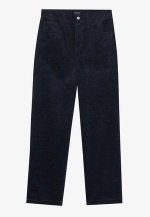 Pantaloni in corduroy blu navy con gamba dritta, dotati di cinque tasche, chiusura frontale con bottone e texture a coste.