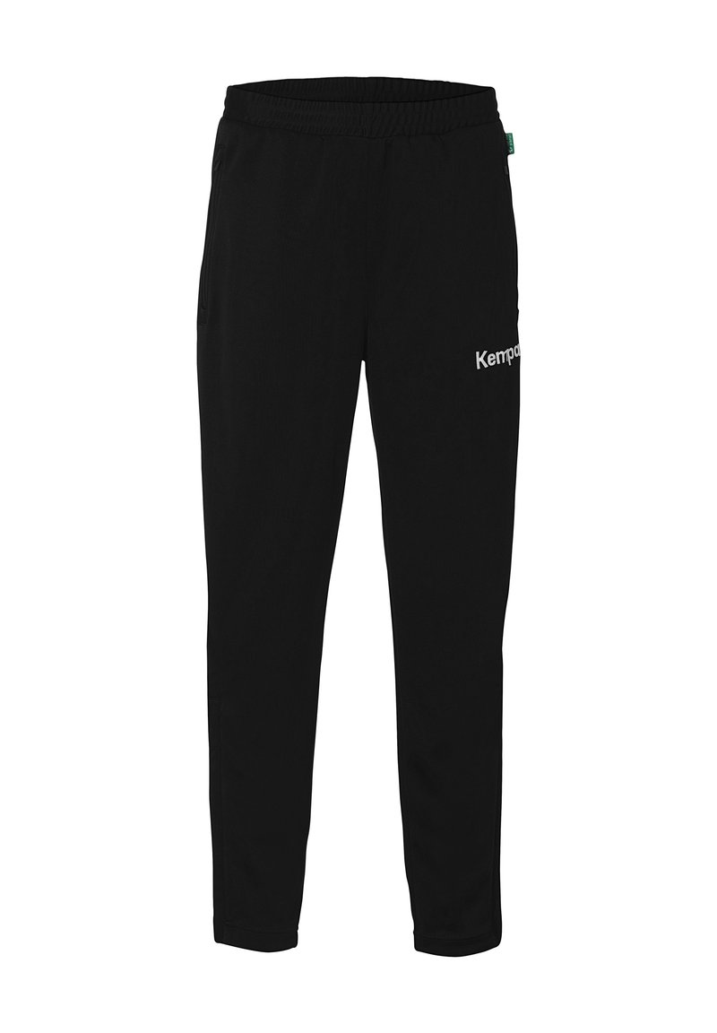 Zwarte sportbroek met een tapered fit, elastische tailleband, zijzakken en het 'Kempas'-logo in het wit op het rechterbeen gedrukt.