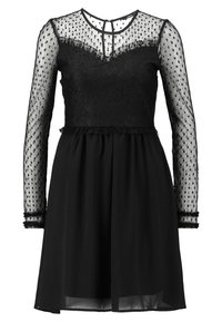 Black dress with long polka dot sheer sleeves and floral lace bodice. Flared skirt with ruffle accents at waist and sleeve cuffs. Keyhole back detail.