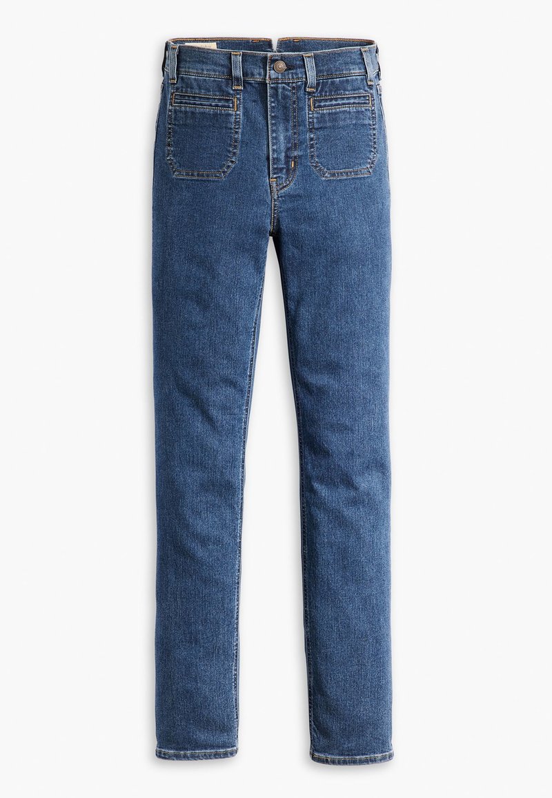 Jeans en denim bleu avec un design classique à jambes droites, fermeture éclair et style à cinq poches. Coutures contrastées et finition lavée moyenne.