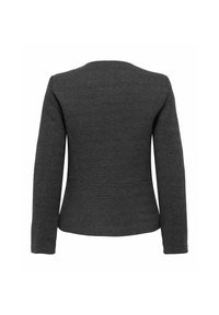 Blazer texturé gris foncé avec un motif en chevrons, coupe ajustée, manches longues et encolure arrondie. Silhouette minimaliste et structurée.