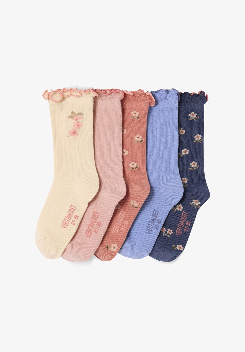 Five pairs of ribbed socks with ruffled tops in cream, pink, rust, blue, and navy, each featuring small floral patterns and brand text on soles.