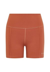 Rust-colored athletic shorts with a high waistband, smooth texture, flatlock seams, and logo detail on the lower left side.
