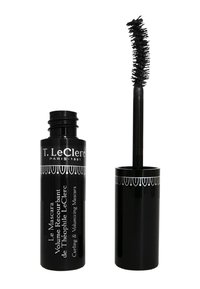 Tubetto di mascara cilindrico nero con accenti decorativi bianchi, contenente uno scovolino nero per arricciare e volumizzare le ciglia.