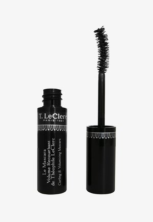 Black cylindrical mascara tube with white decorative accents, containing a black bristle brush for curling and volumizing lashes.