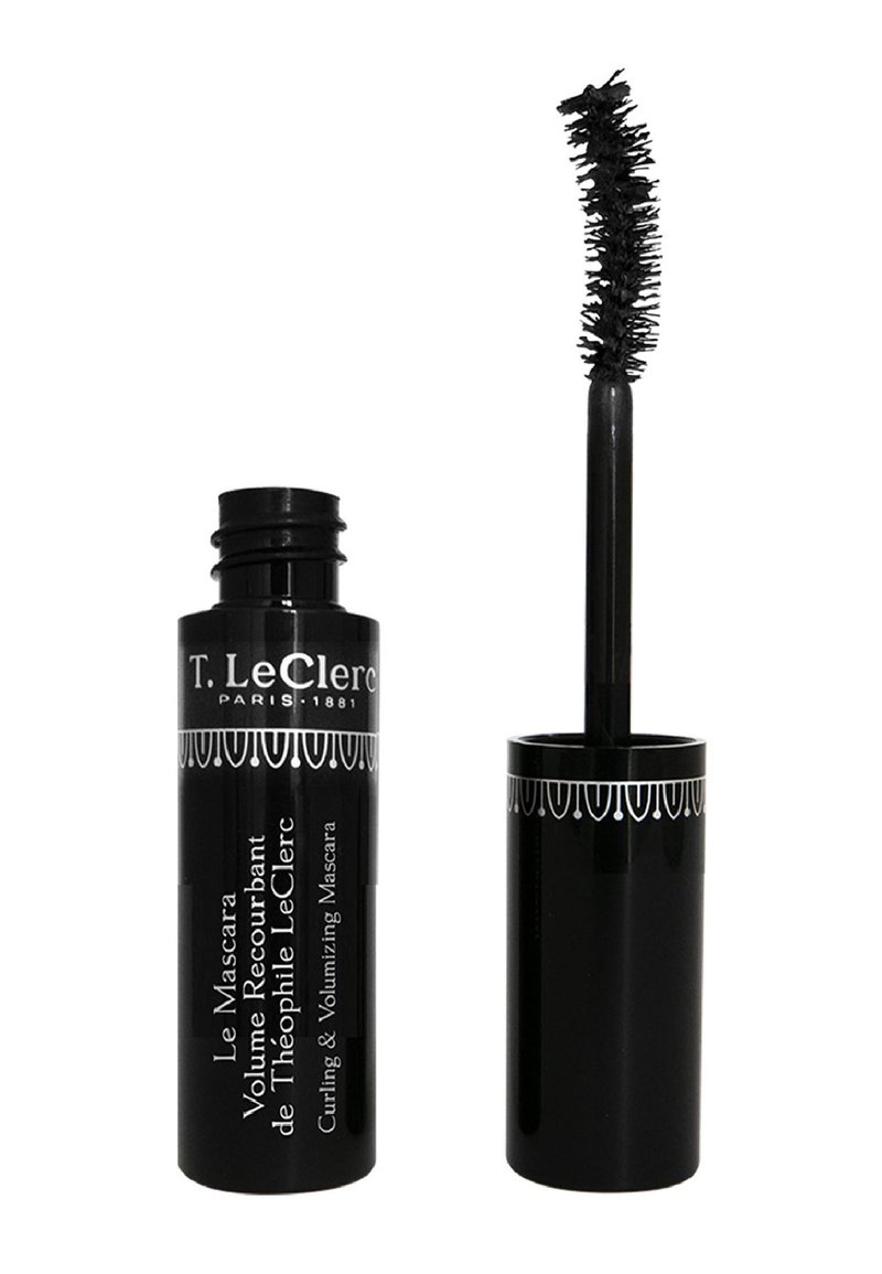 Tubetto di mascara cilindrico nero con accenti decorativi bianchi, contenente uno scovolino nero per arricciare e volumizzare le ciglia.