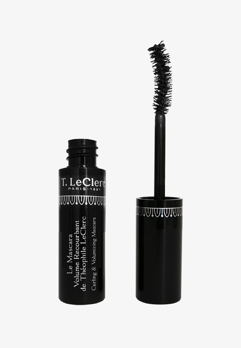 Tubetto di mascara cilindrico nero con accenti decorativi bianchi, contenente uno scovolino nero per arricciare e volumizzare le ciglia.