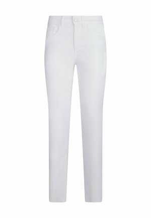 Jean skinny blanc avec cinq poches, fermeture avant par bouton et zip, présenté sur un fond uni.