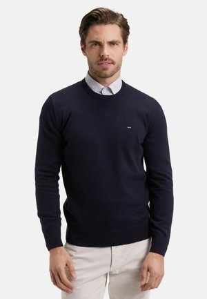 Pull en tricot bleu marine avec un col rond et des poignets côtelés, porté sur une chemise à col à carreaux, coupe ajustée avec un logo minimal.