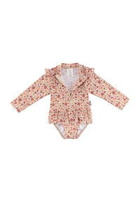 Langärmlige Schwimmbekleidung mit floralem Muster in Rot, Orange und Grün. Verfügt über einen Rüschensaum am Kragen und einen Reißverschluss, mit einem Peplum-Design.