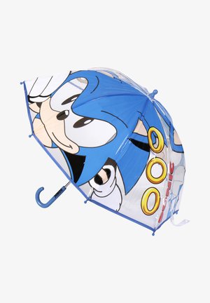 Parapluie bleu avec un grand graphique d'un personnage, une toile transparente et une poignée bleue. Accentué de cercles et de détails jaunes.