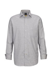 Camicia con bottoni in un motivo a quadri bianco e nero, maniche lunghe, taschino sul petto e colletto a punta. Realizzata in un tessuto leggero.