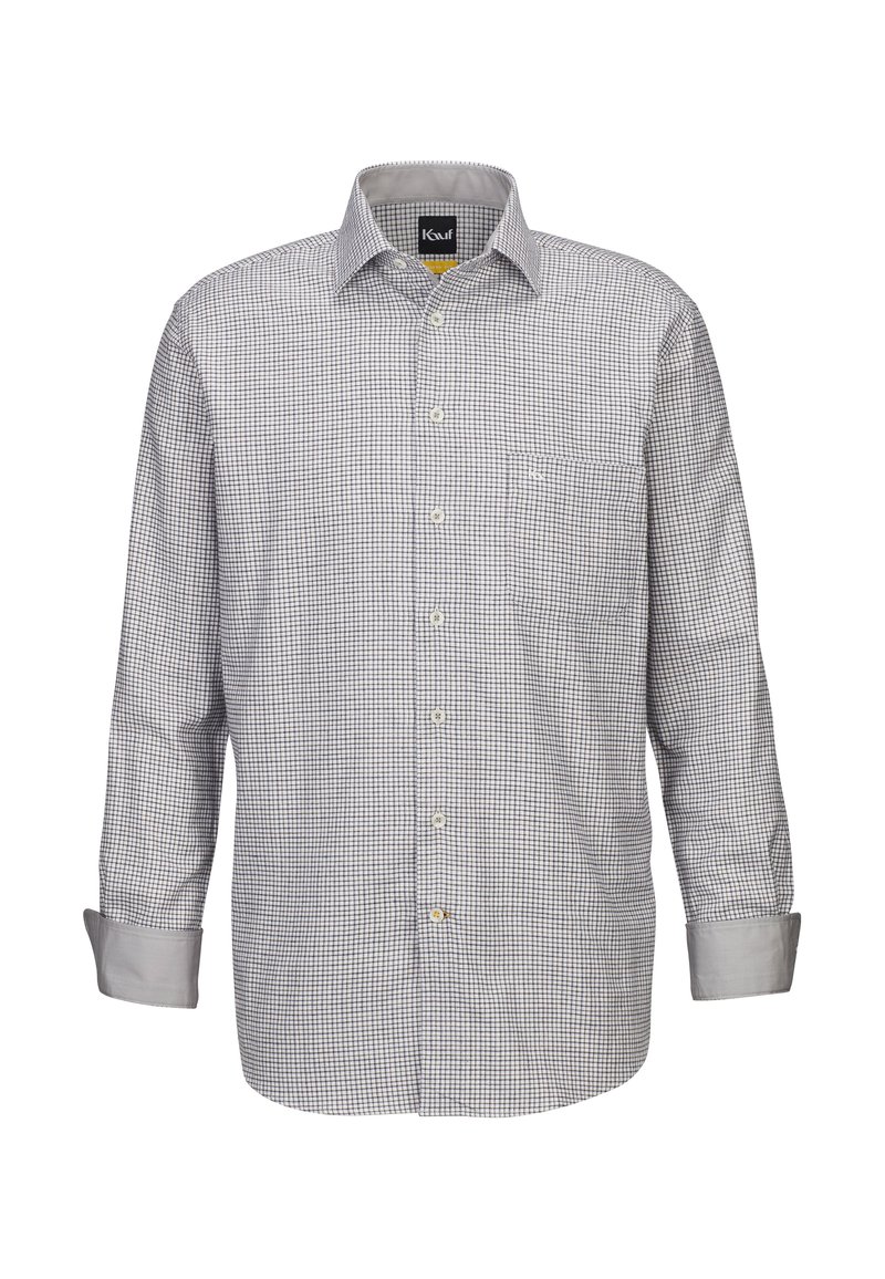 Camicia con bottoni in un motivo a quadri bianco e nero, maniche lunghe, taschino sul petto e colletto a punta. Realizzata in un tessuto leggero.