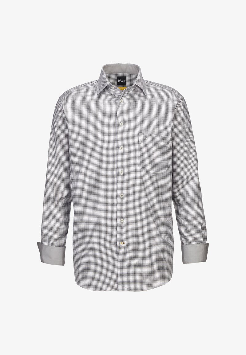 Camicia con bottoni in un motivo a quadri bianco e nero, maniche lunghe, taschino sul petto e colletto a punta. Realizzata in un tessuto leggero.