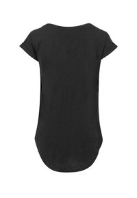 Black short-sleeve top with a round neckline, curved hem, and rolled cuffs. Fabric appears soft with a smooth texture. Back view only.