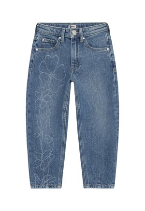 Blå denim jeans med et falmet kløverblomstdesign på venstre ben, forlommer, bæltestropper og knaplukning.