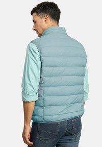 Chaleco acolchado de color azul claro, diseño de acolchado, cuello alto, textura suave, forma ajustada, acentuado con una camisa clara debajo, llevado con jeans oscuros.