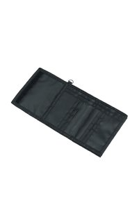 Black fabric wallet with multiple card slots and a Velcro closure, featuring a smooth texture and simple design. Open orientation displayed.