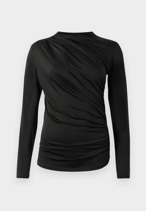 Top preto de mangas longas com textura franzida na parte da frente, apresentando um decote alto e um design ajustado. Tecido macio e elástico.