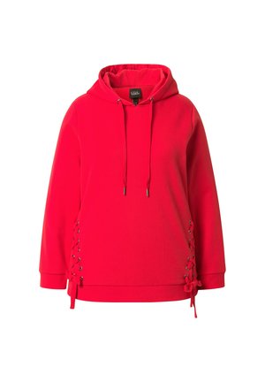 Felpa con cappuccio di un brillante colore rosso, con maniche lunghe e dettagli in pizzo su entrambi i lati vicino all'orlo.