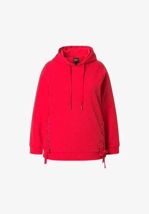Felpa con cappuccio di un brillante colore rosso, con maniche lunghe e dettagli in pizzo su entrambi i lati vicino all'orlo.