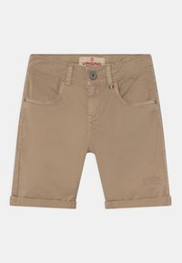 Béžové bavlněné šortky s ohrnutými lemy, obsahující dvě přední kapsy, zapínání na knoflík a malé logo na noze.