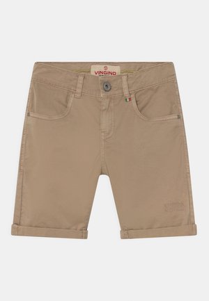 Shorts in cotone beige con orli arrotolati, dotati di due tasche anteriori, chiusura con bottone e un piccolo logo sull'orlo.