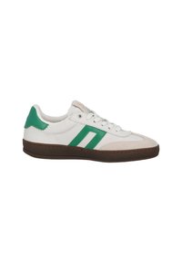 Zapatilla blanca con acentos verdes. Presenta una puntera de ante, cuerpo de piel y suela de goma. Incluye dos franjas laterales en verde.