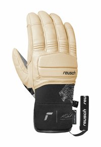 Reusch Torwarthandschuh mit beigem Leder an den Fingern, strukturiertem schwarzem Stoff und Handgelenkband, mit einem Löwen-Logo und gedrucktem Signatur-Detail.