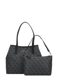 Sac fourre-tout noir avec un motif en relief et deux poignées, associé à une petite pochette assortie avec fermeture éclair et bandoulière réglable.