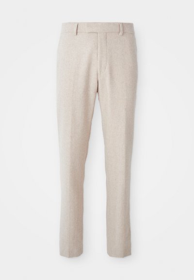 Beige woven trousers with a straight fit, featuring a flat front, belt loops, and no visible patterns or hardware details.