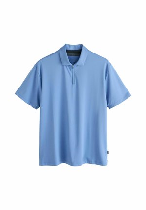 Light blue short-sleeve polo shirt with a collar and a quarter-length zipper in front, displayed on a white background.